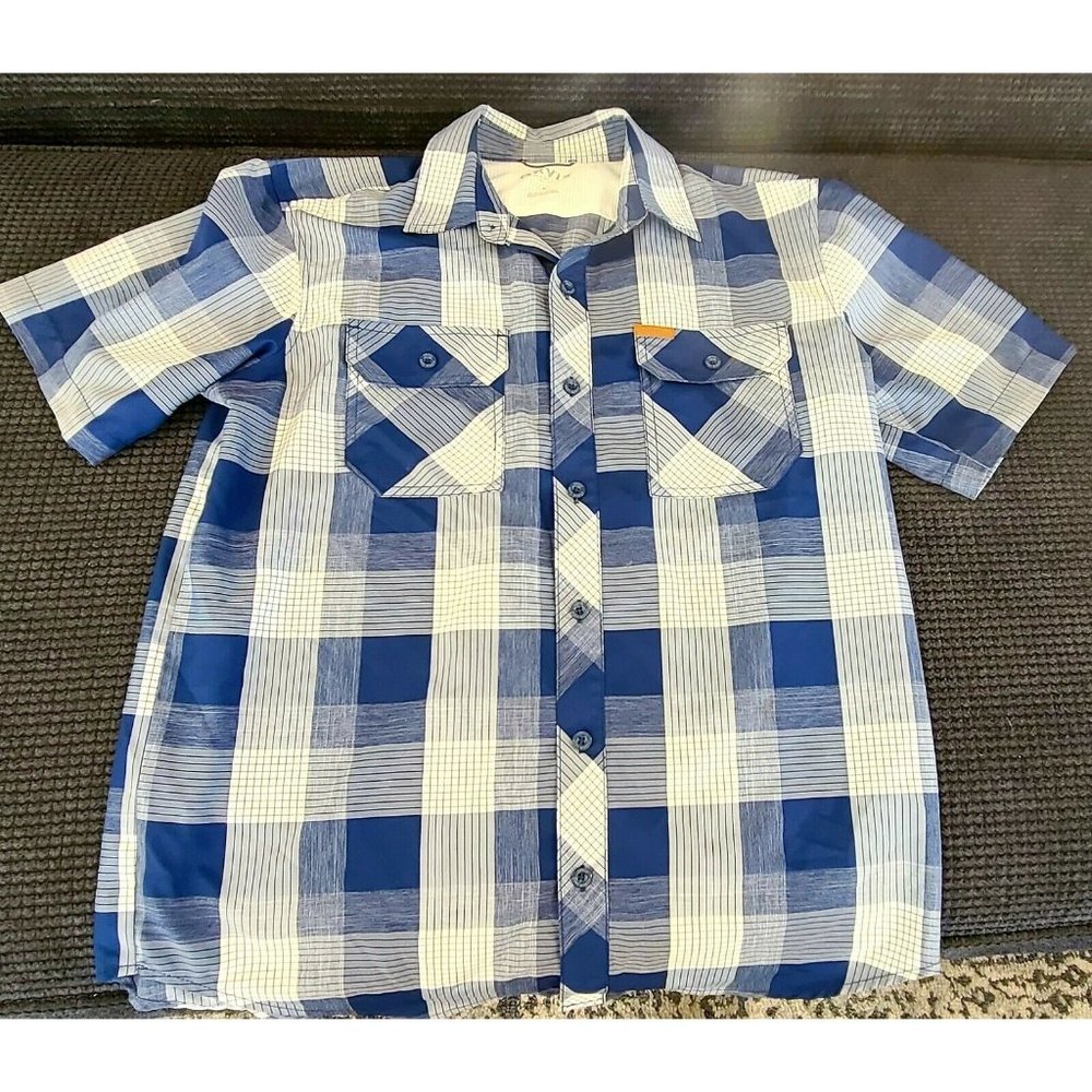 Orvis Men’s SS Button Down Shirt Blue White Plaid Polyester Medium